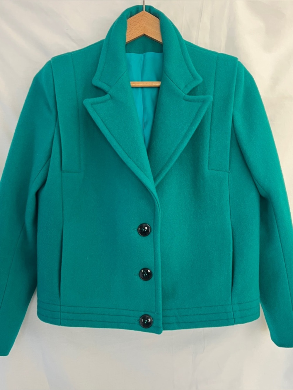 Vintage 90s Teal Cropped Wool Blazer Tailored Minimal Jacket USA S